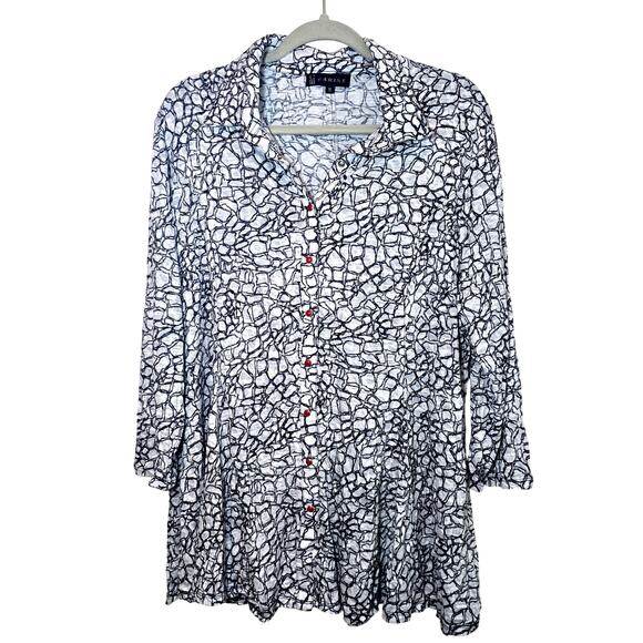 Carine Abstract Button Front Tunic Size 1X Artsy Blouse Black White Collared - Picture 1 of 7